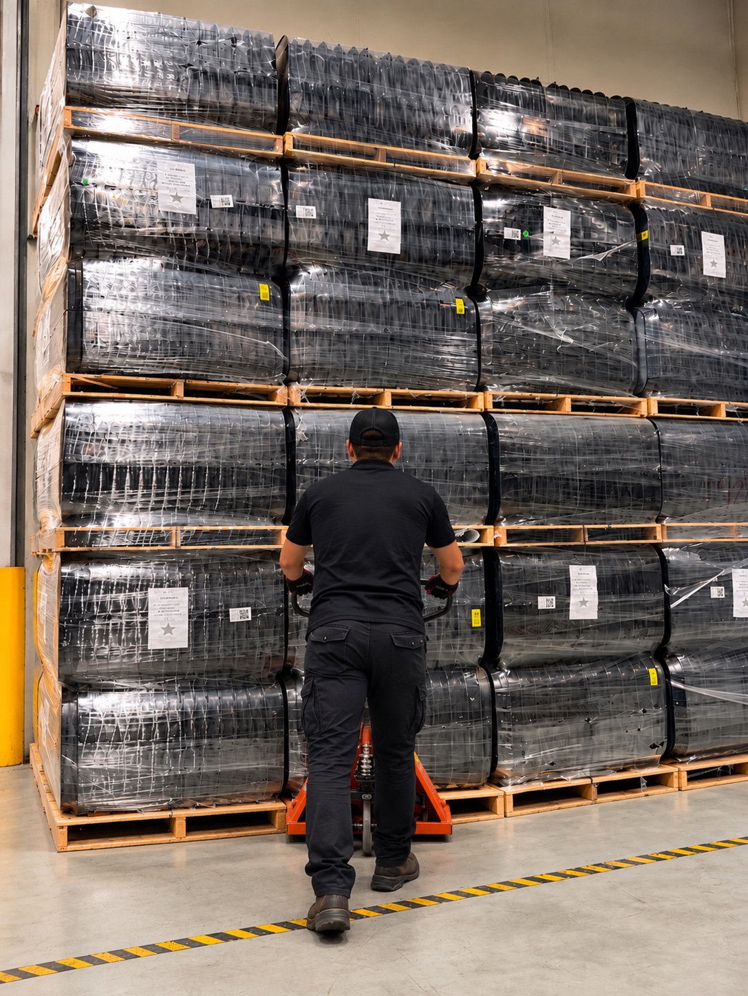 Worker with pallet jack beside wrapped palletized freight