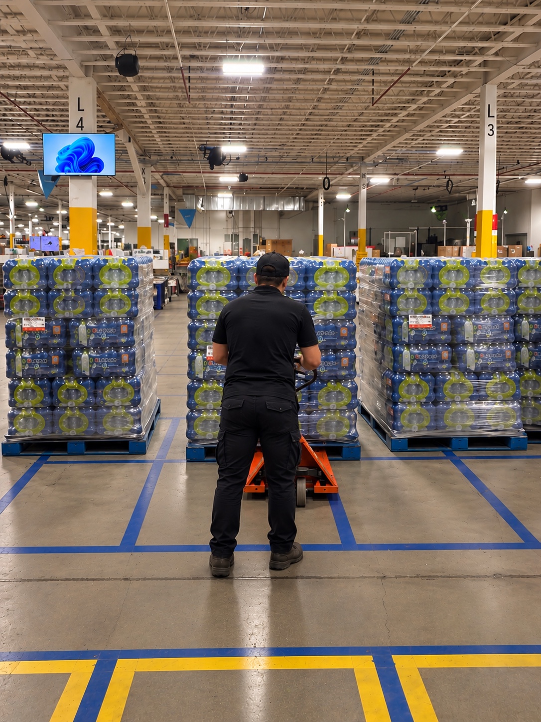 Worker moving a pallet of bottled water