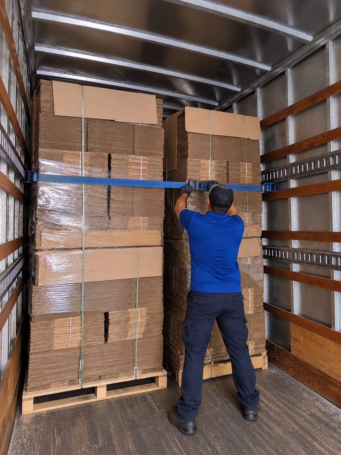 Worker securing boxed pallets with a blue cargo strap inside a box truck
