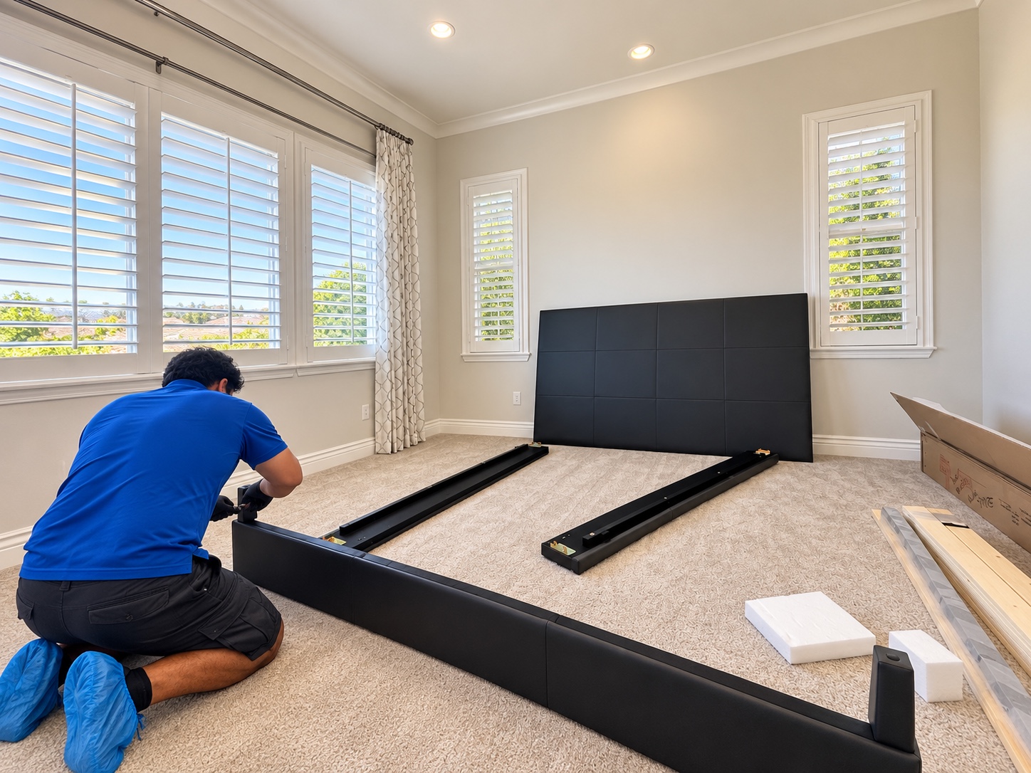 Worker assembling a bed frame in a bedroom